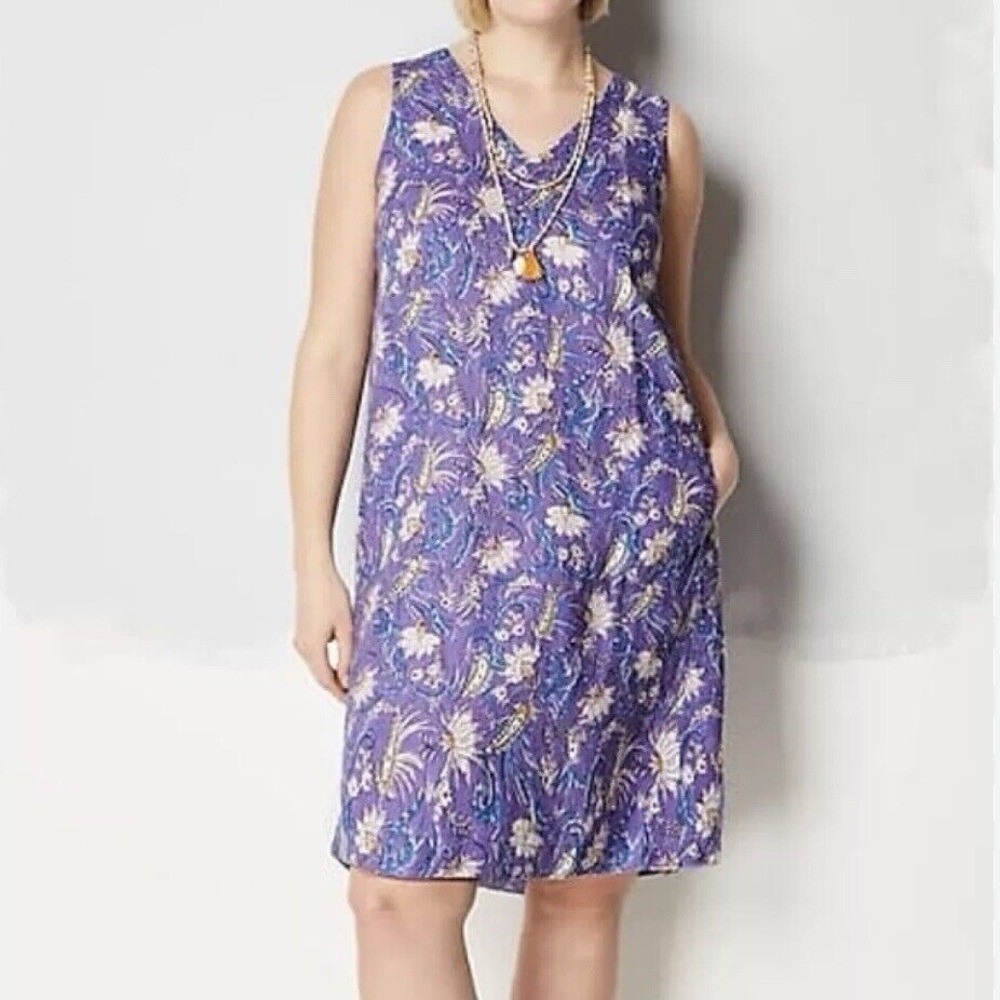 J. Jill Love Linen Women's Purple Sleeveless Printed Shift Dress- Size L